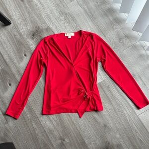Michael Kors Red Wrap Long-Sleeve Top with Side Tie